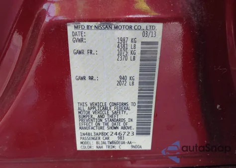 2013 Nissan Altima 3.5 Sv z USA, uszkodzony, nr VIN 1N4BL3AP8DC246723